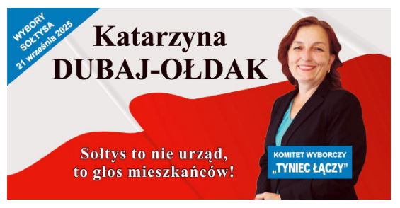 Plakat wyborczy Katarzyny Dubaj-Ołdak - kandydatki w wyborach sołeckich w Tyńcu Małym. 