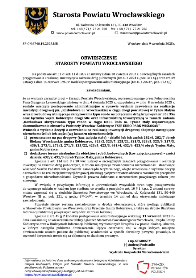 Obwieszczenie o przebudowie ronda