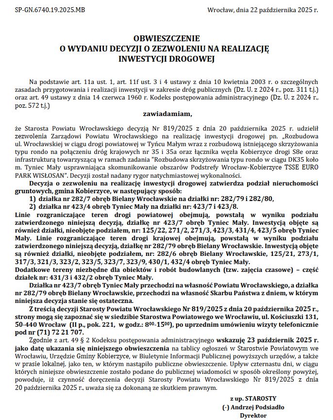 Obwieszczenie o przebudowie ronda