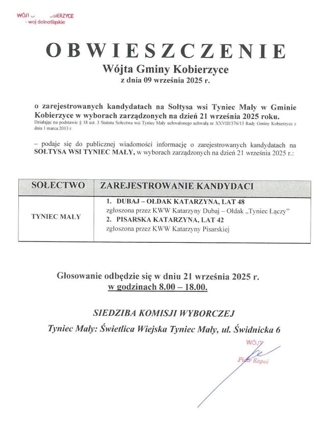Obwieszczenie o kandydatkach w wyborach sołeckich w Tyńcu Małym