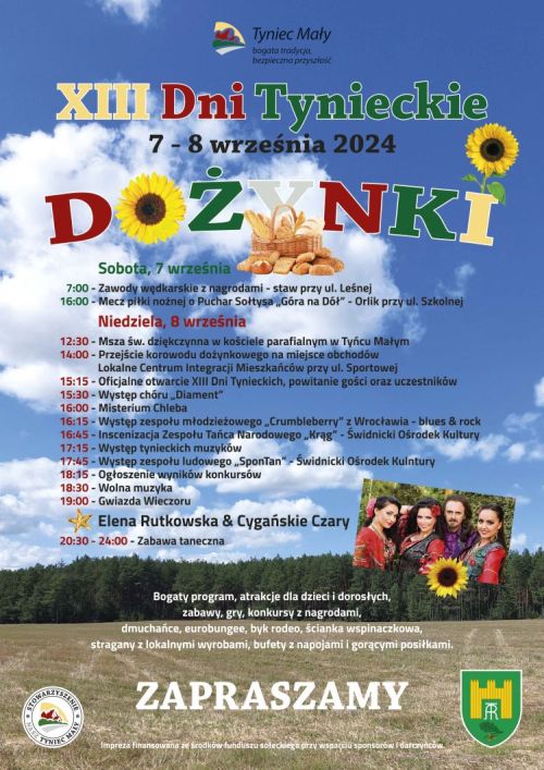 Plakat informacyjny o XIII Dniach Tynieckich i Dożynkach 2024r