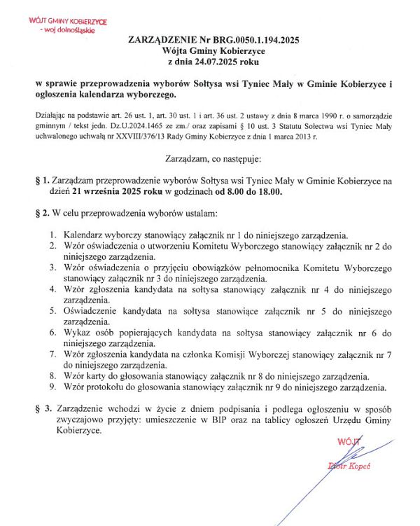 Grafika z zarządzeniem Wójta Gminy Kobierzyce o wyborach sołtysa w Tyńcu Małym